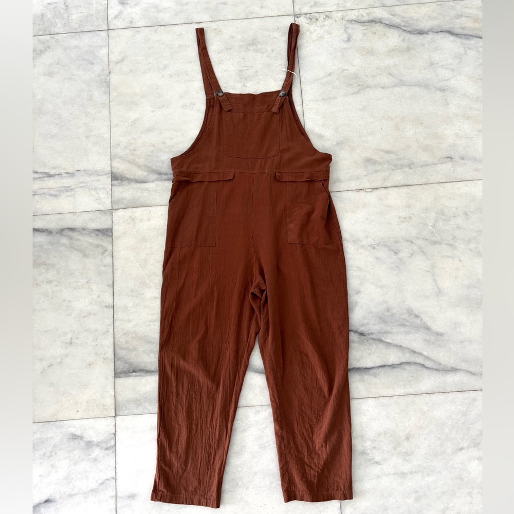Womens VTG Overalls Bib Brown Cotton Linen Pockets Size L Farm Cabin Cottagecore